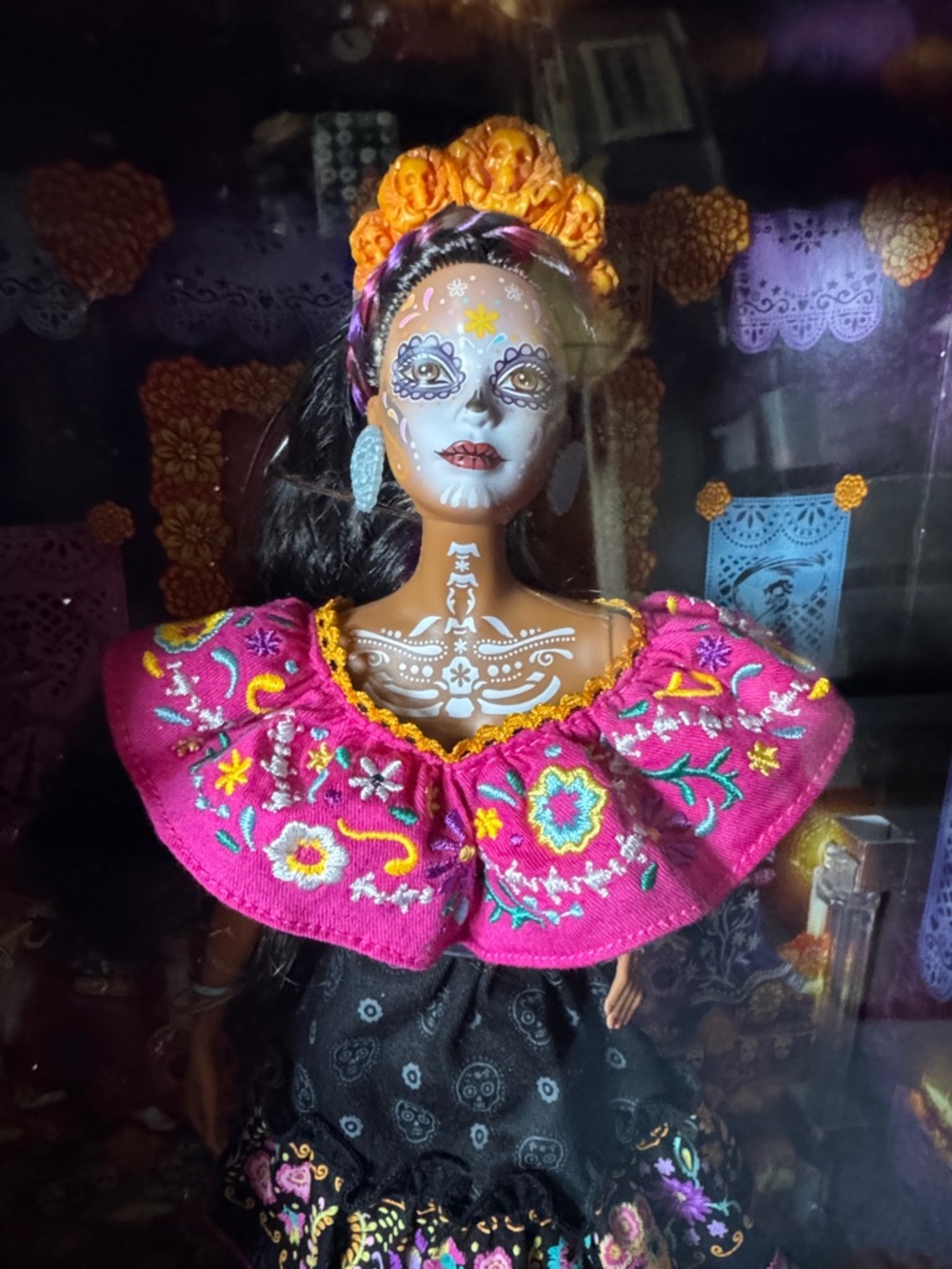 Dia De Muertos Day of the Dead 2021 Themed Barbie with Floral Black & Pink Dress - Picture 3 of 5